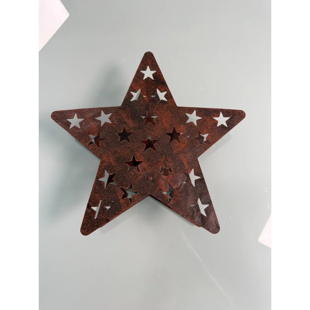Rustic Metal Star Lantern Candle Holder Star Cut outs Inner Square Compartment